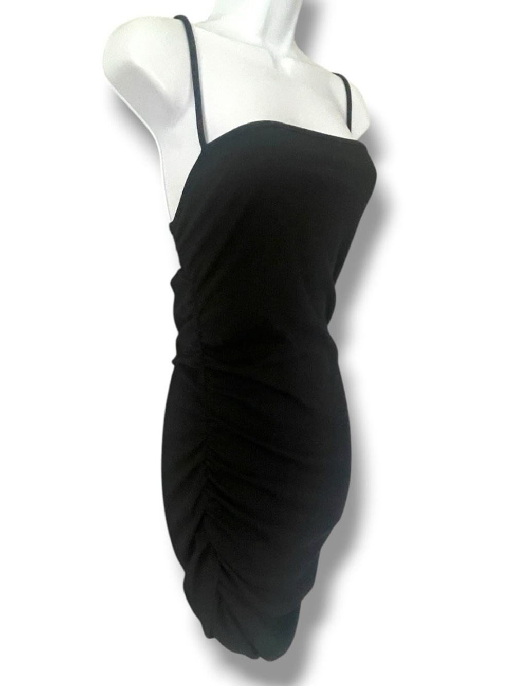 Forever 21 Black Ruched Bodycon Midi Dress Strappy Stretch Minimalist Y2K Size L - Picture 2 of 8